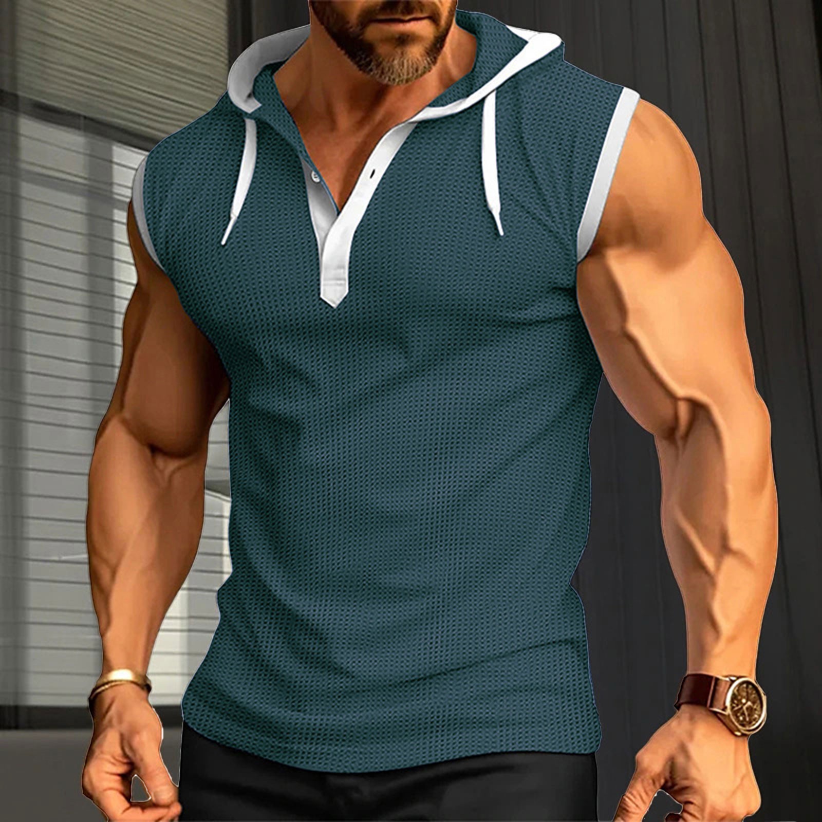 thumbnail image 2 of Camiseta sin mangas para hombre - Con capucha, color liso, entrenamiento de verano en el gimnasio, material que no se arruga con el lavado, tallas reales, tallas S-XXXL, 2 of 7